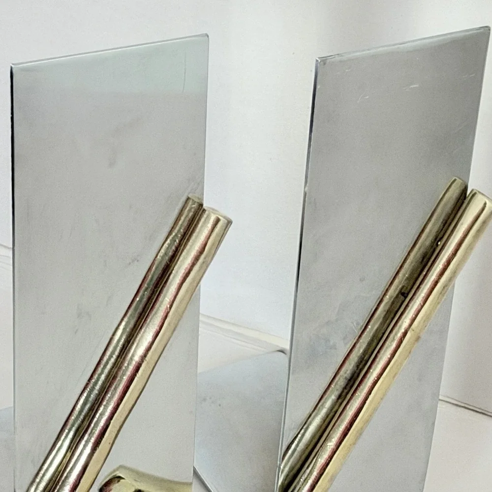 VTG MCM Chrome Golf Club Bookends Office Decor Silver Gold Metal Pair Retro Mod